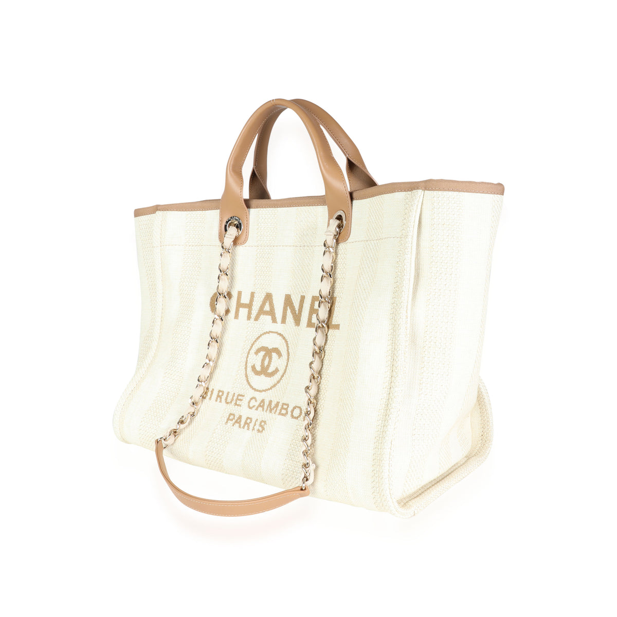 CHANEL Mixed Fibers Calfskin Striped Small Deauville Tote Beige 540087