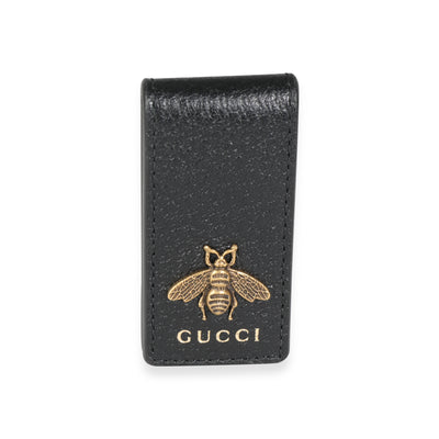 Gucci Black Leather Animalier Bee Embellished Money Clip