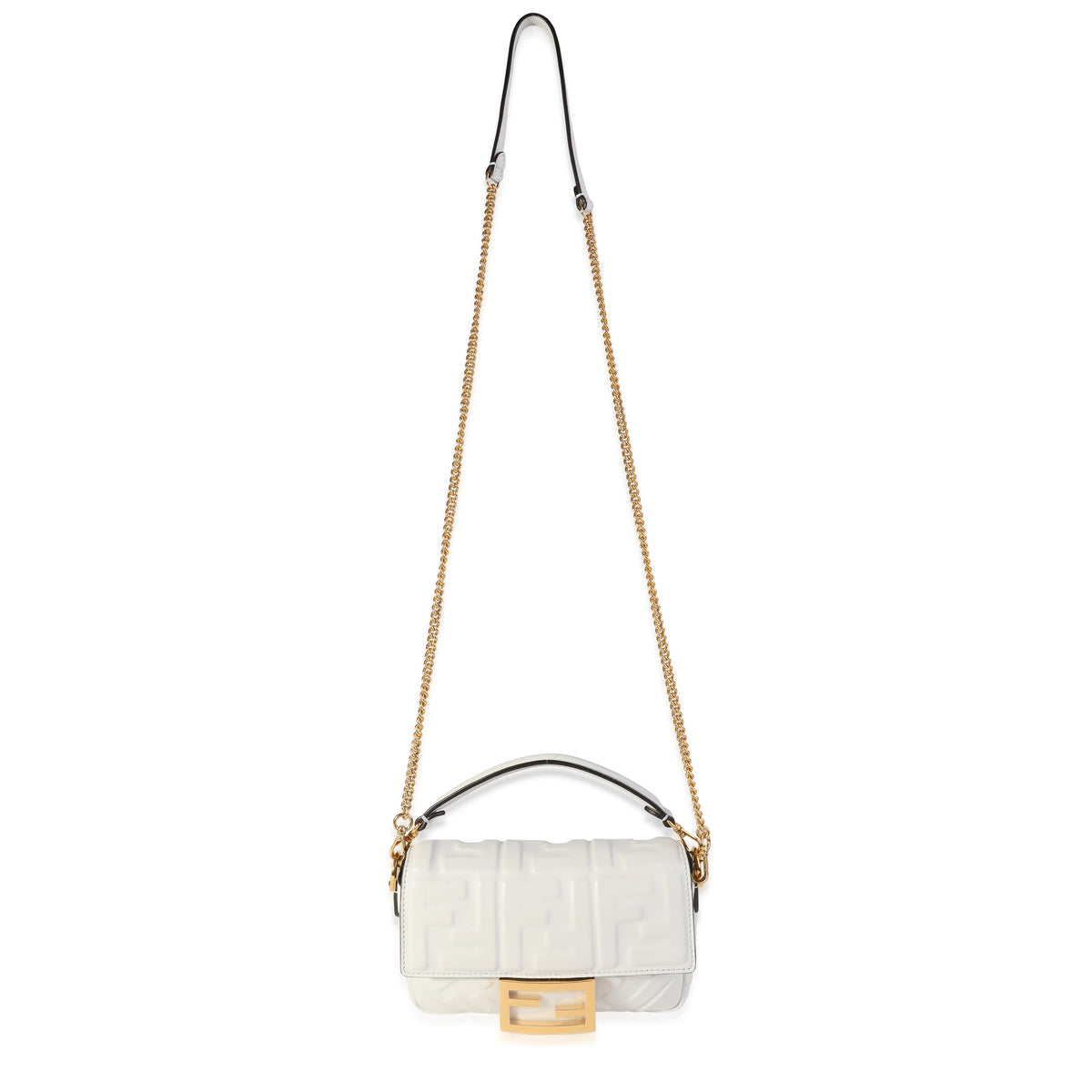 Fendi Bianco Embossed Zucca Lambskin Mini Baguette