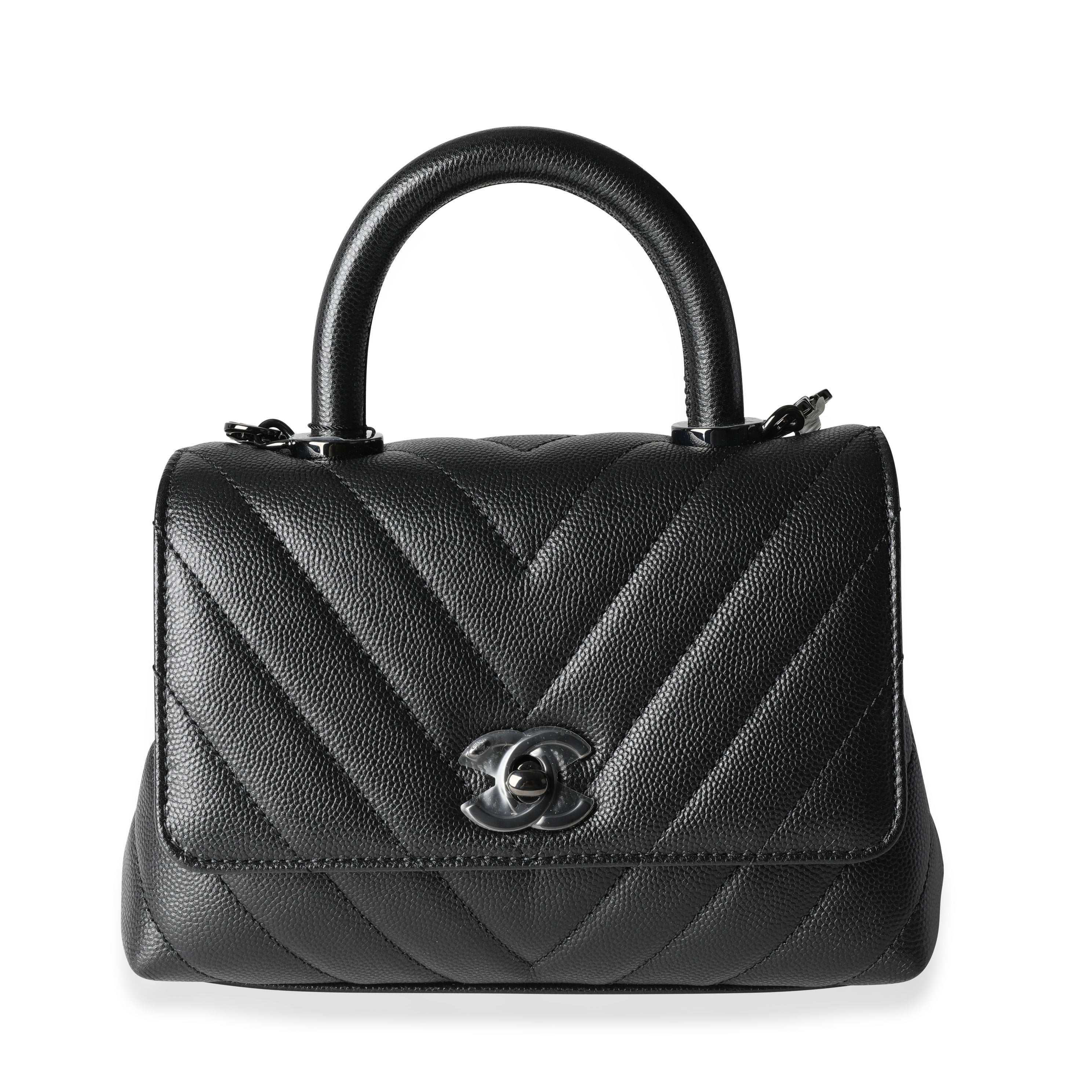 Chanel So Black Chevron Quilted Caviar Mini Coco Top Handle Bag