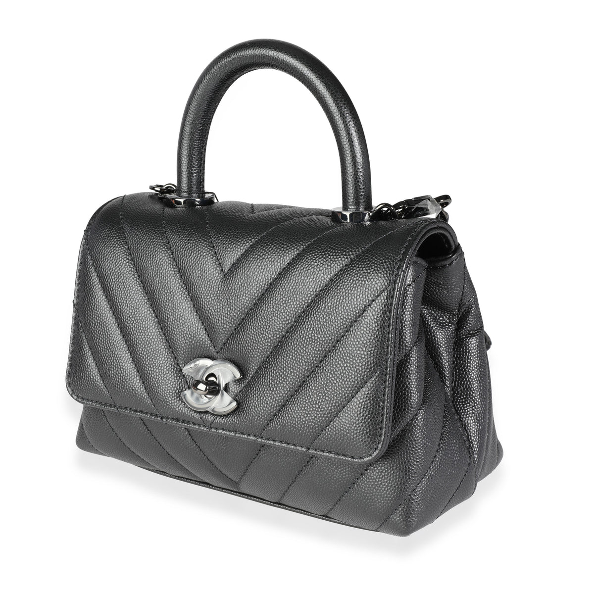 Chanel So Black Chevron Quilted Caviar Mini Coco Top Handle Bag