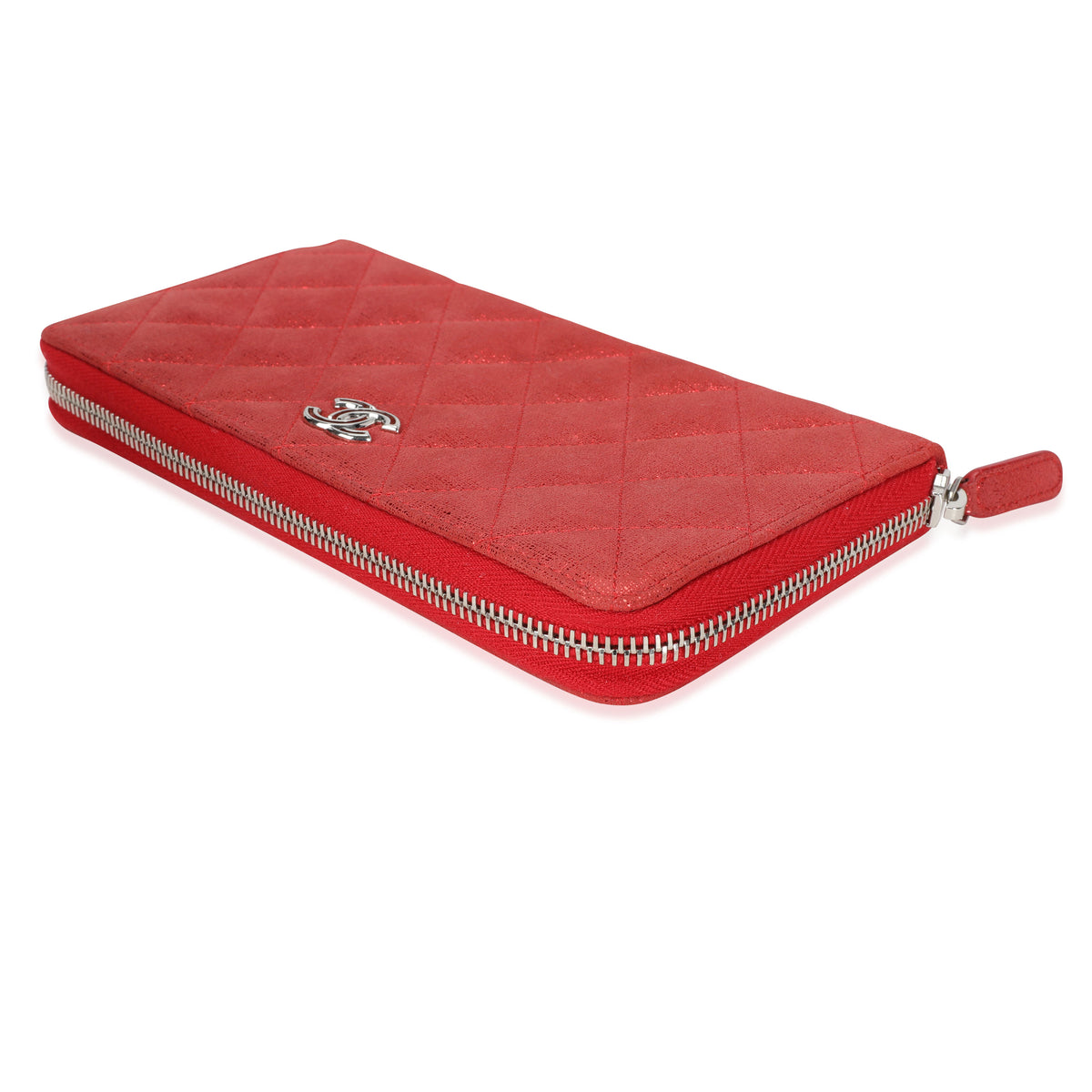 Chanel Metallic Red Nubuck Quilted L-Gusset Zip-Around Wallet