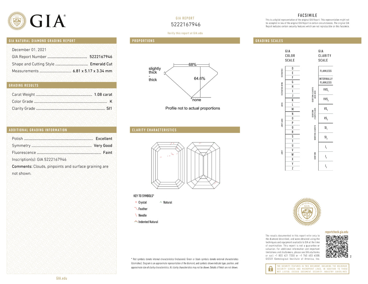 GIA Certified 1.08 Ct Emerald cut K SI1 Loose Diamond