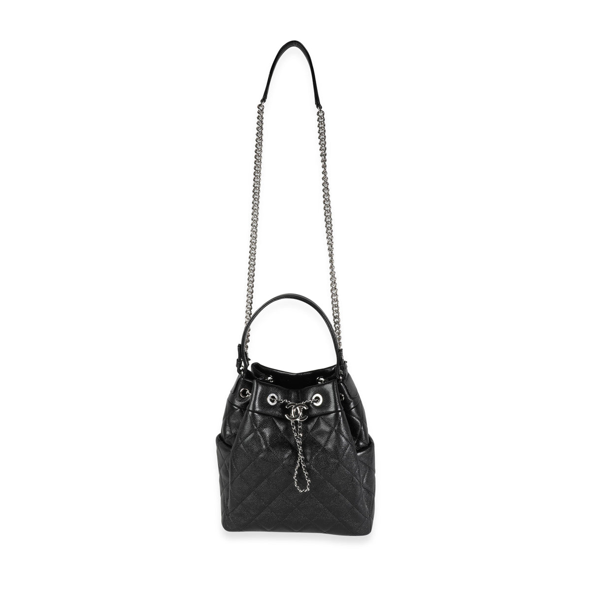 Chanel Black Quilted Glazed Caviar Drawstring CC Bucket Bag, myGemma