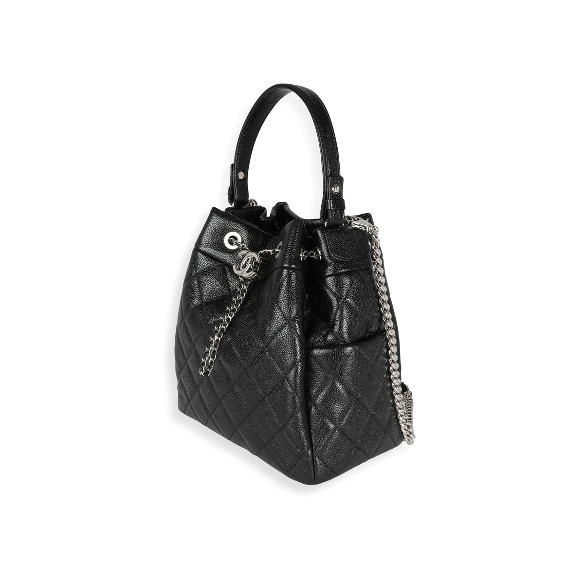 Chanel Black Quilted Glazed Caviar Drawstring CC Bucket Bag