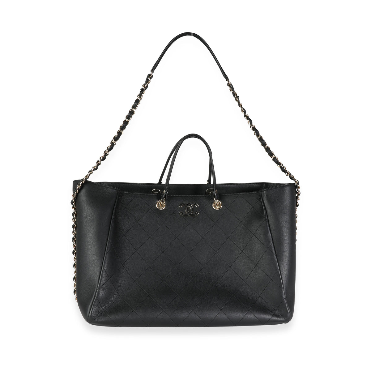 Chanel Black Stitched Calfskin Large Shopping Tote