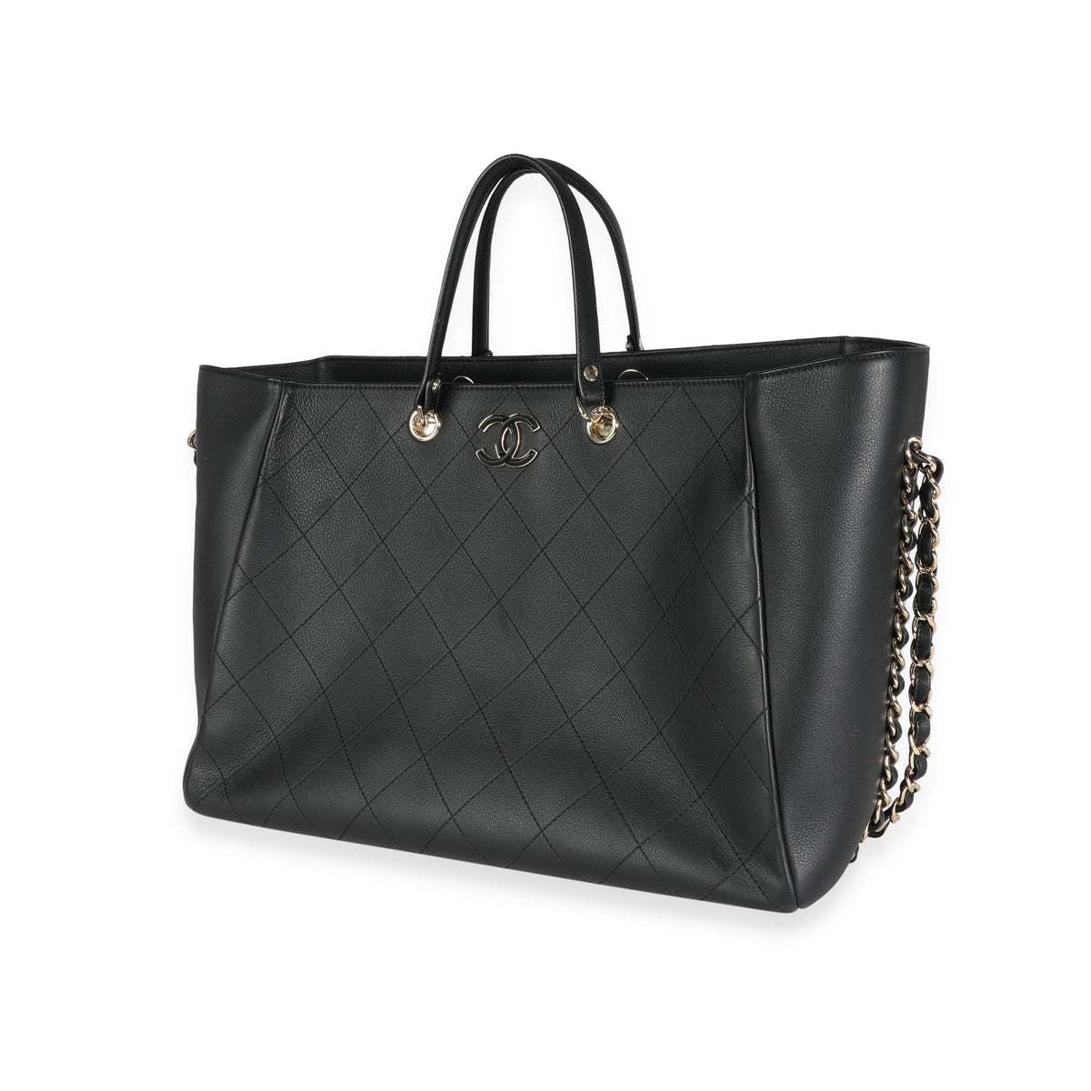 Chanel Black Stitched Calfskin Large Shopping Tote