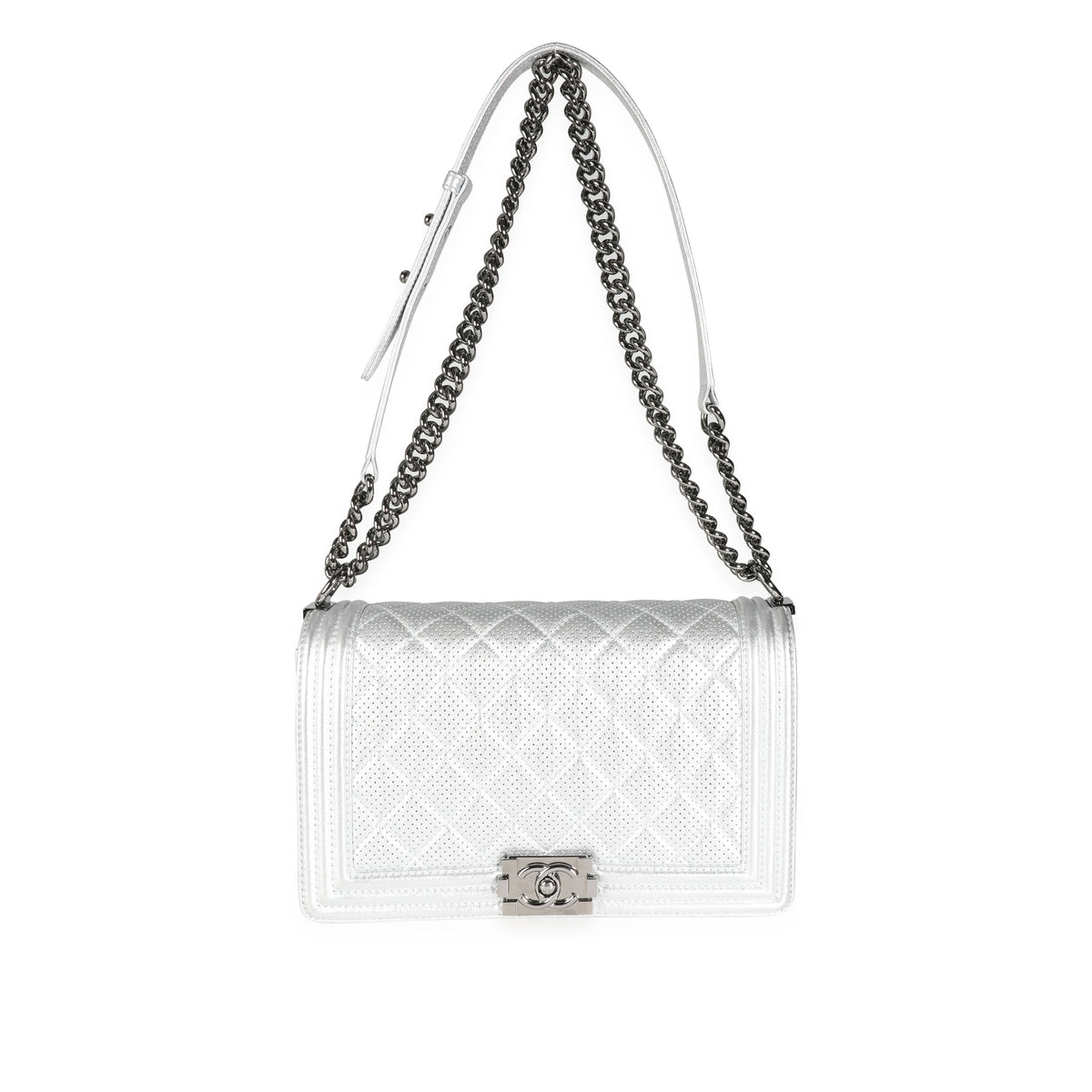 Chanel Silver Metallic Perforated Lambskin Large Boy Bag