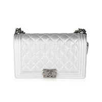 Chanel Silver Metallic Perforated Lambskin Large Boy Bag