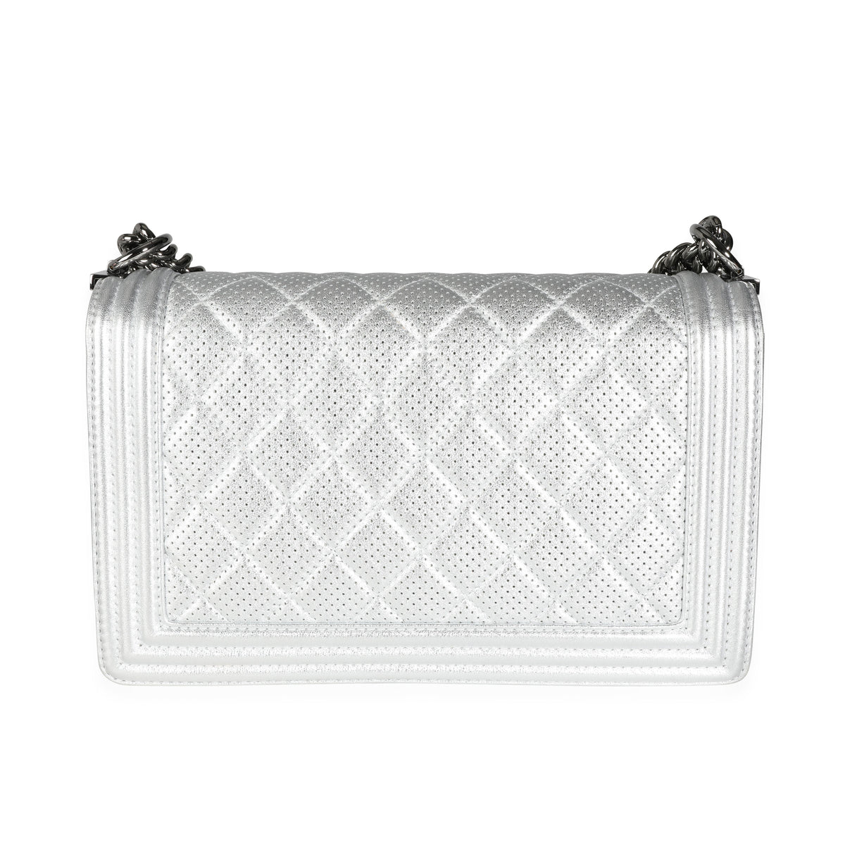 Chanel Silver Metallic Perforated Lambskin Large Boy Bag