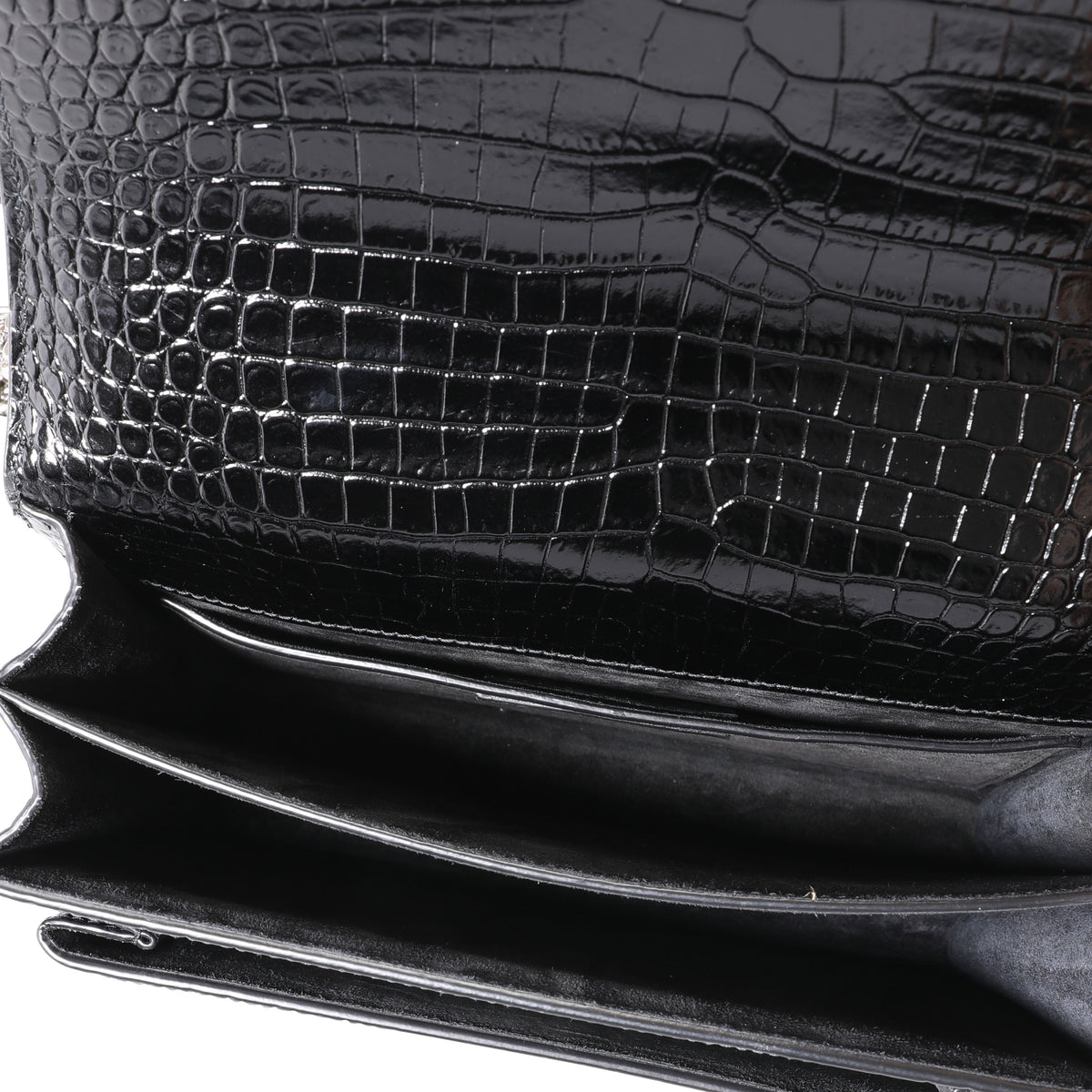 Saint Laurent Black Shiny Crocodile-Embossed Medium Sunset Bag
