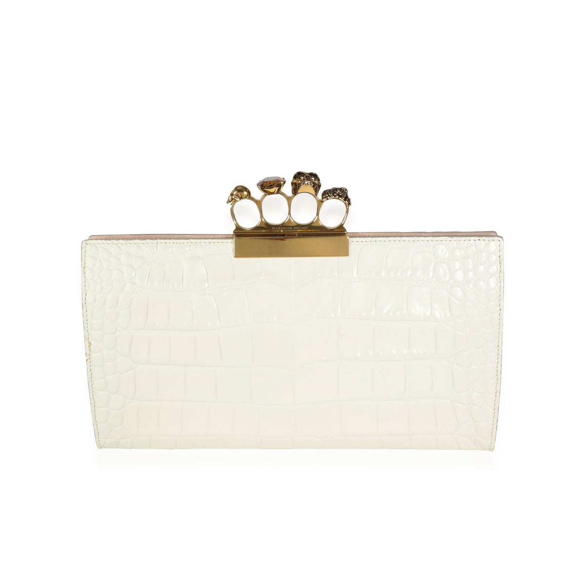 Alexander McQueen Ivory Croc-Embossed Leather  Skull Four-Ring Flat Pouch