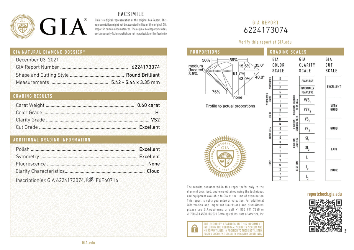 GIA Certified 0.60 Ct Round cut H VS2 Loose Diamond