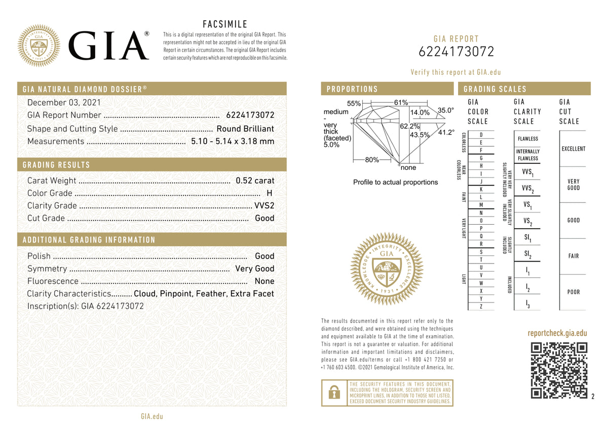 GIA Certified 0.52 Ct Round cut H VVS2 Loose Diamond