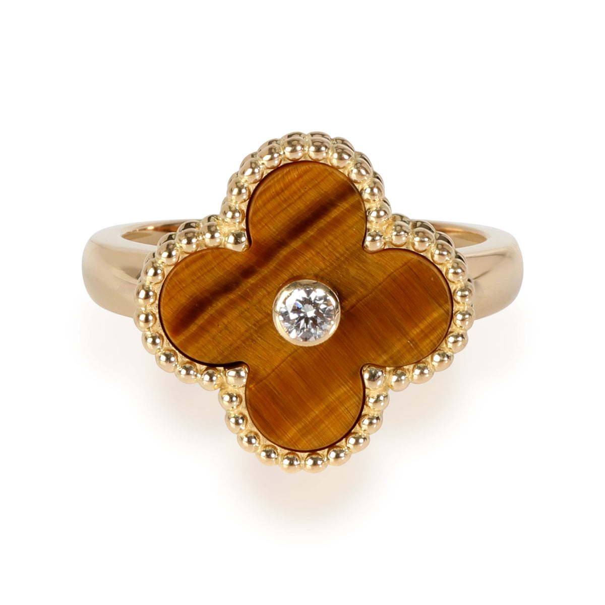 Van Cleef & Arpels Alhambra Diamond Tigers Eye Ring in 18K  Yellow Gold