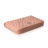 Chanel Peach Pink Camellia Embossed Zip Around Wallet