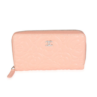 Chanel Peach Pink Camellia Embossed Zip Around Wallet