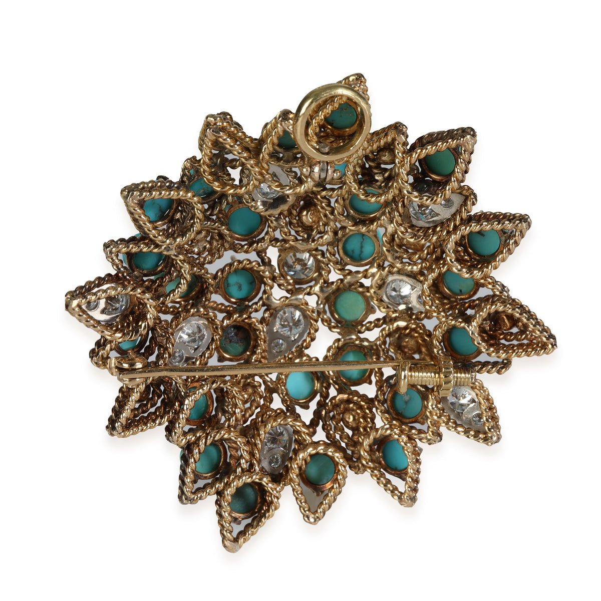Cabouchon Turquoise & Diamond Vintage Brooch in 14-16K Yellow Gold 2.33 Ctw