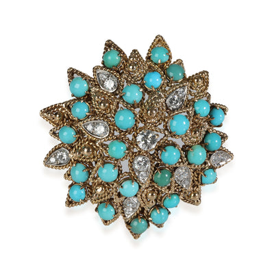 Cabouchon Turquoise & Diamond Vintage Brooch in 14-16K Yellow Gold 2.33 Ctw