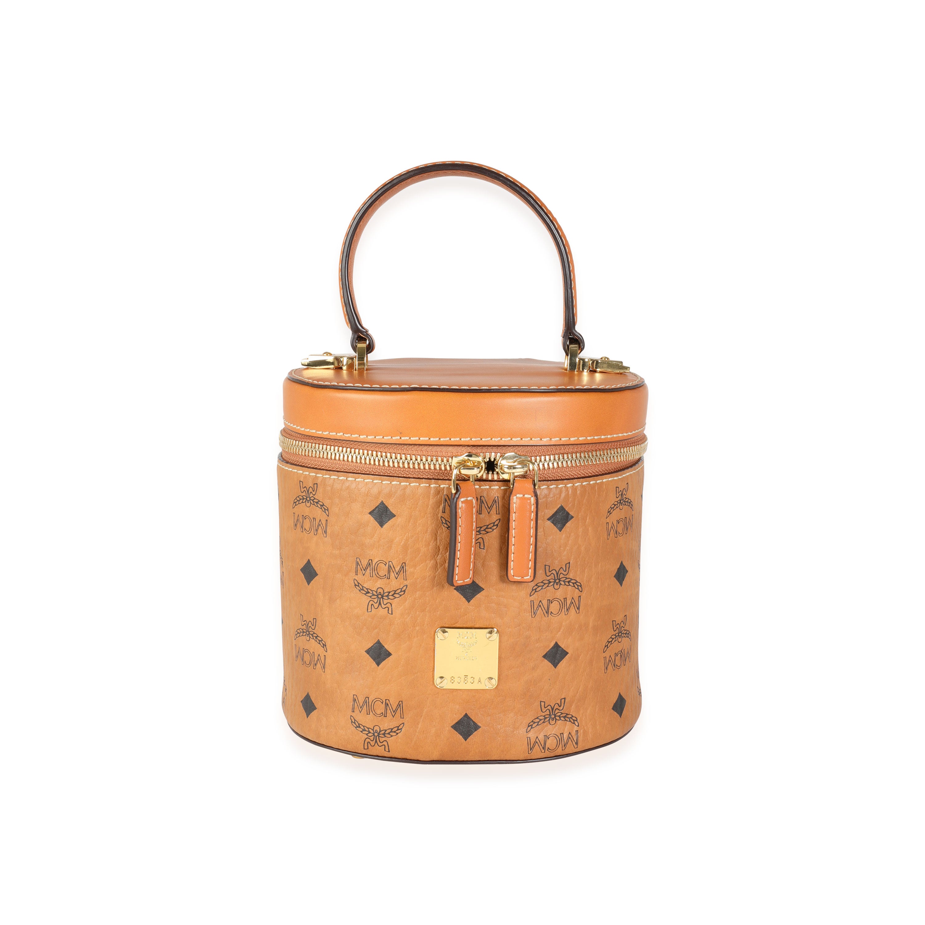 MCM Cognac Visetos Coated Canvas & Nappa Leather Small Cylinder