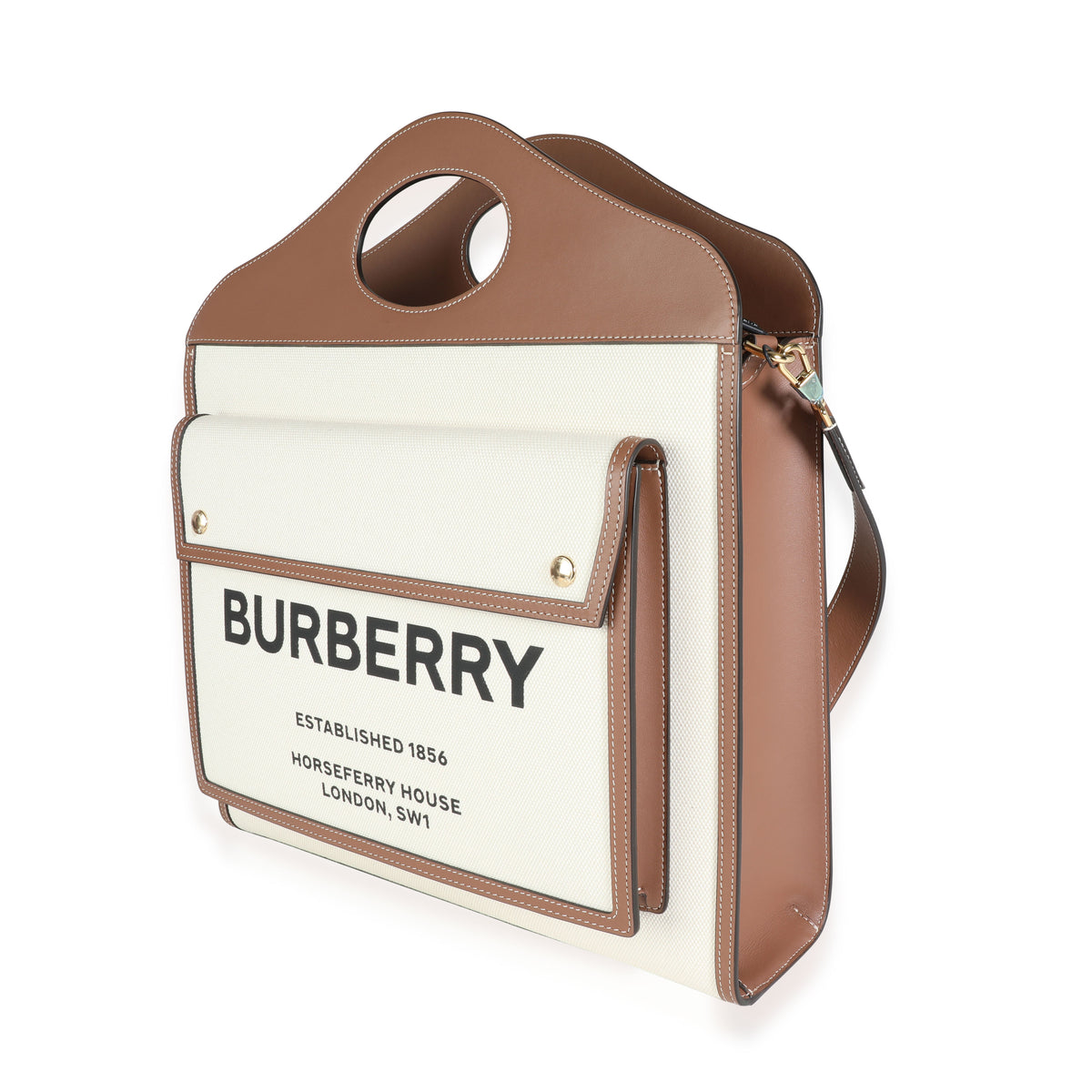 Burberry Natural Canvas & Malt Brown Leather Medium Two-Tone Pocket Bag