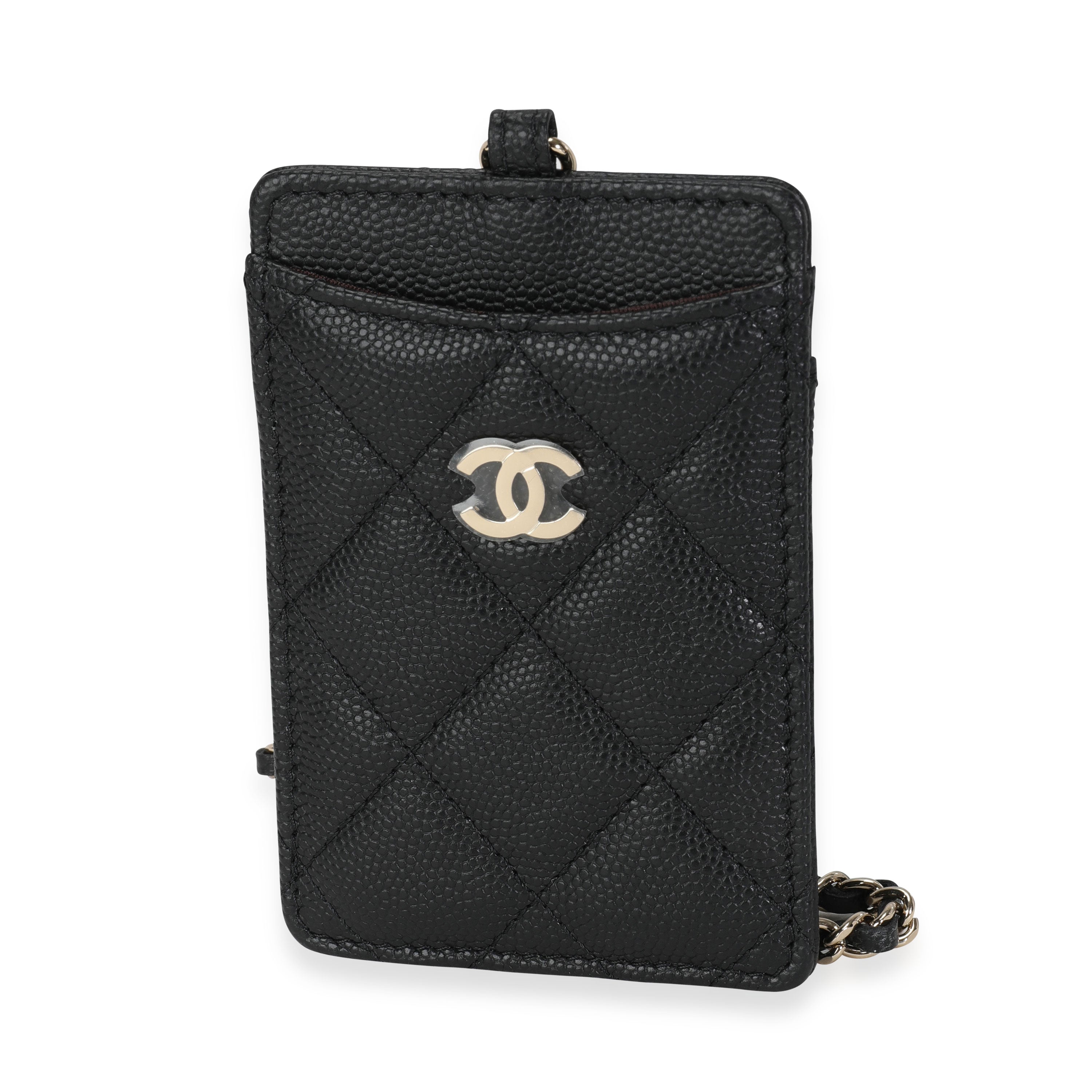 Chanel Black Quilted Caviar Card Holder On Chain