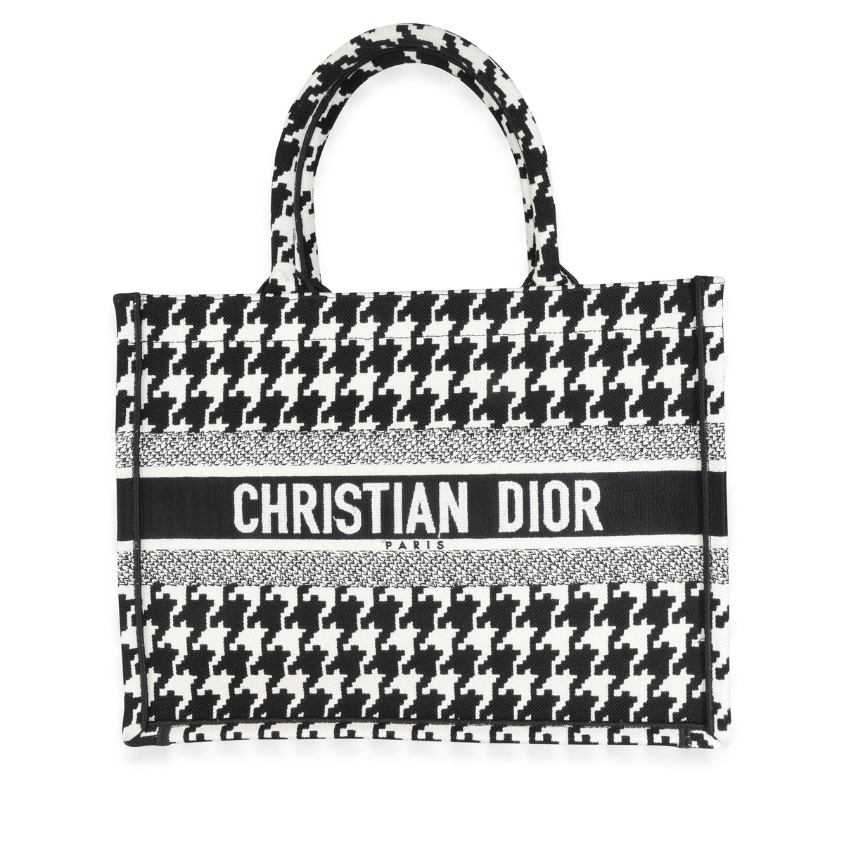 Christian Dior Book Tote Houndstooth Canvas Small Black, Print, White
