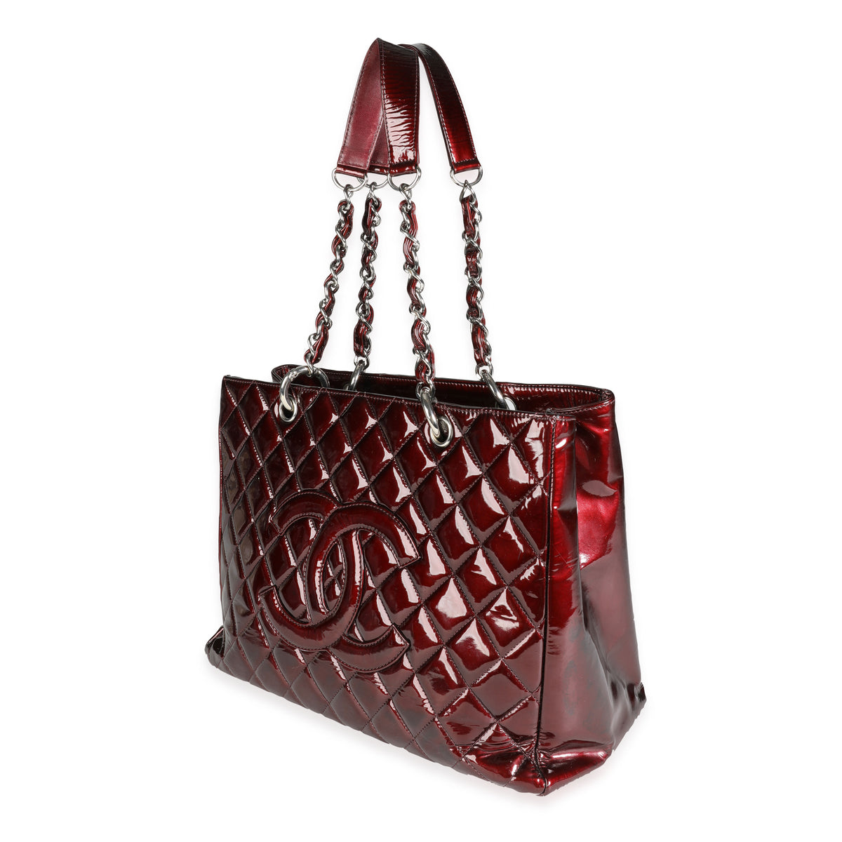 Chanel Burgundy Quilted Patent Leather Grand Shopping Tote