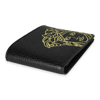 Versace Black & Lemon Medusa Print Grained Leather Bifold Wallet