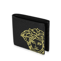 Versace Black & Lemon Medusa Print Grained Leather Bifold Wallet