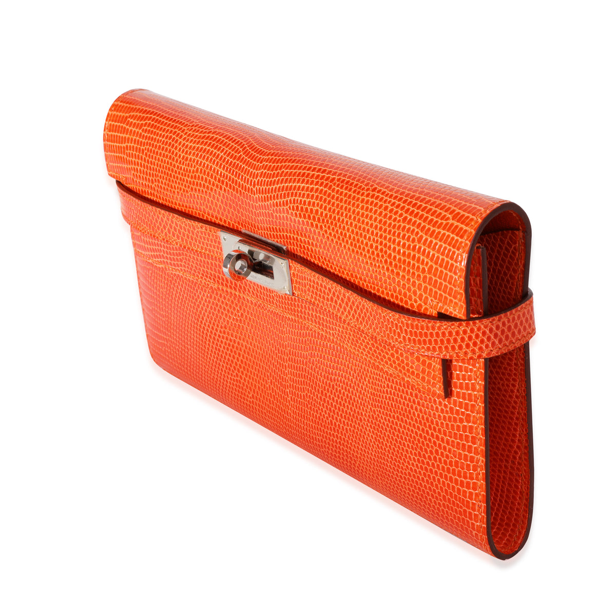 Hermès Orange Shiny Lizard Classic Kelly Wallet PHW