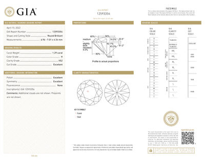 GIA Certified 1.29 Ct Round cut H VS2 Loose Diamond