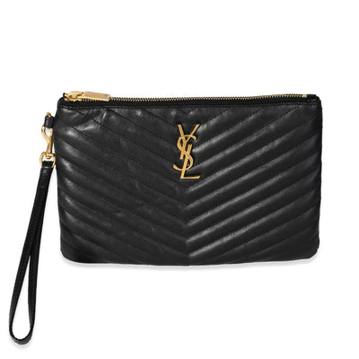 Saint Laurent Black Matelasse Chevron Calfskin Monogram A5 Pouch