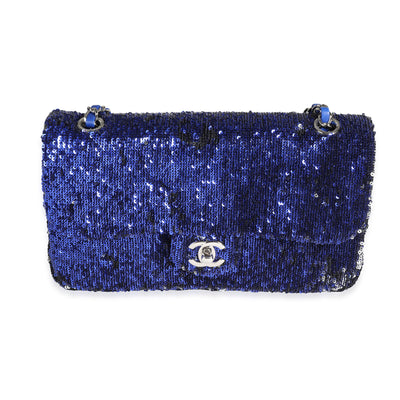 Chanel Blue and Black Sequined Medium Classic Single Flap Bag