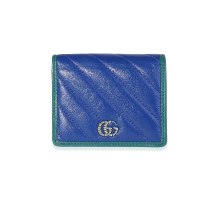 Gucci Blue & Turquoise Vintage Effect Matelassé Leather GG Marmont Bifold Wallet