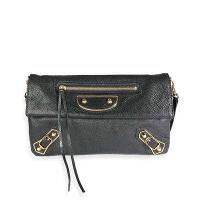 Balenciaga Black Chèvre Leather & Gold Metallic Edge Hardware Envelope Clutch