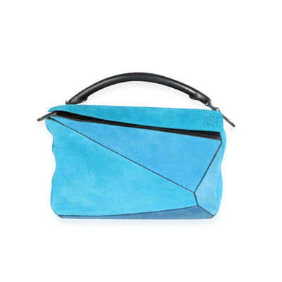 Loewe Tri-Tone Blue Suede & Black Leather Medium Puzzle Bag