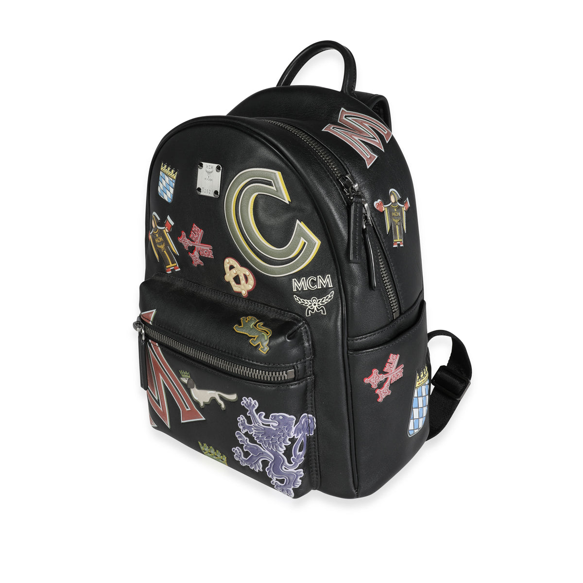 black backpack leather patches MCM Black Leather Victory Patch Stark Backpack | myGemma