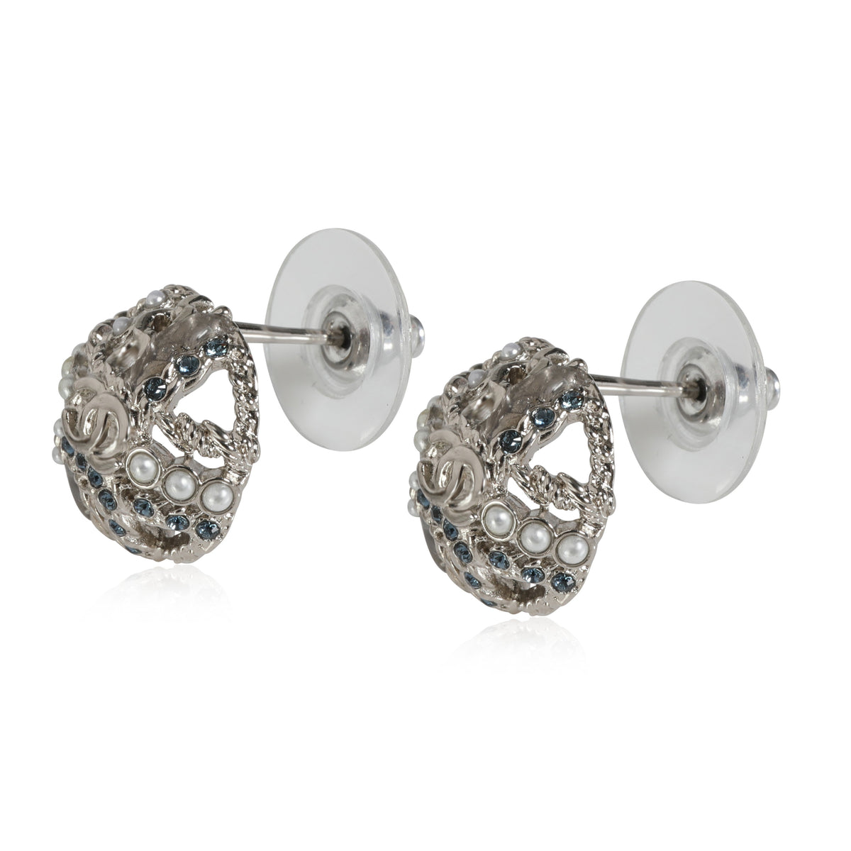 Chanel 2019 CC Earrings With With Faux Pearl & Blue Strass