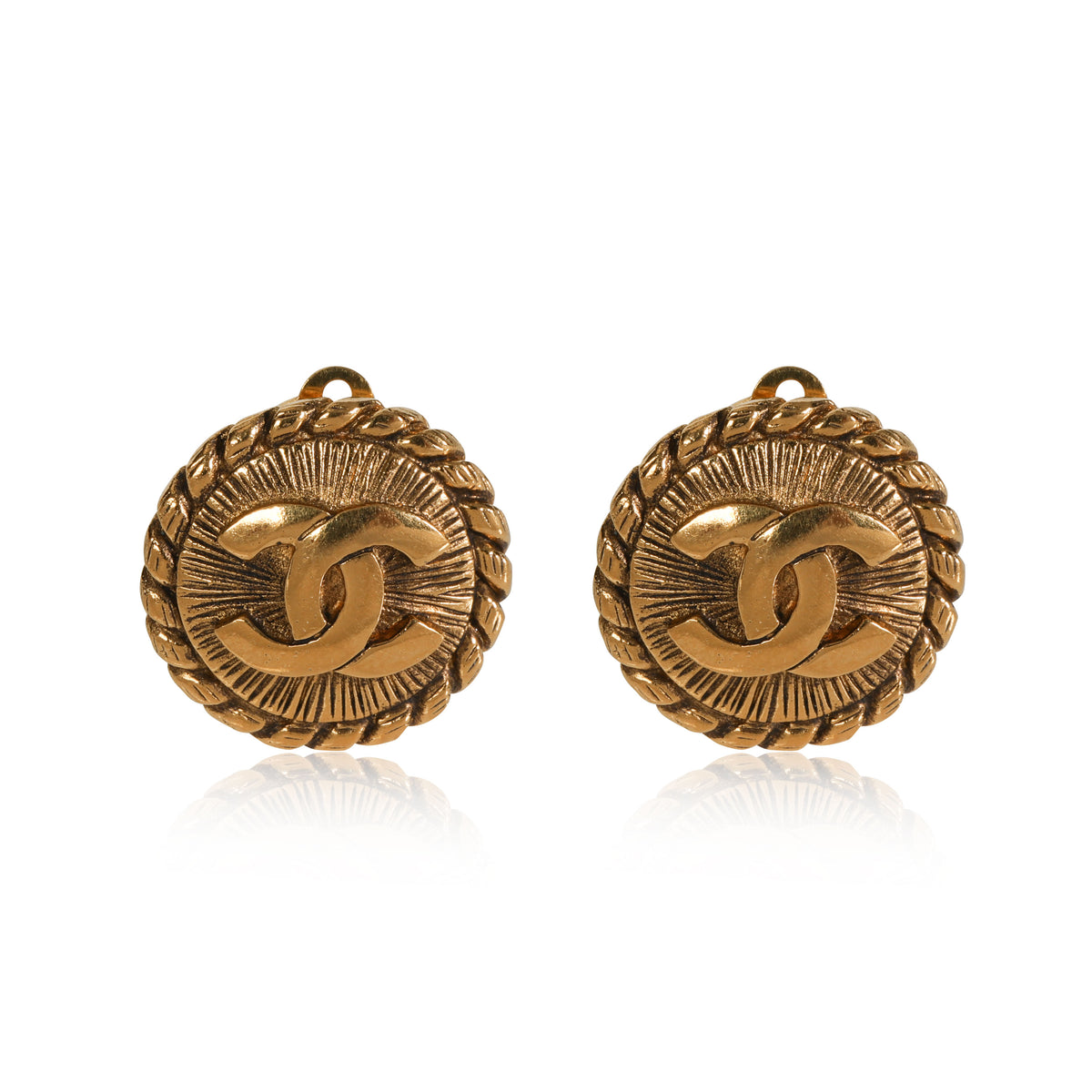 Vintage Chanel Gold-Tone CC Button Rope Edge Clip-On Earrings