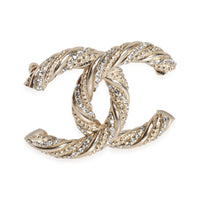 Gold-Tone Chanel Twisted CC Logo Brooch With Crystals