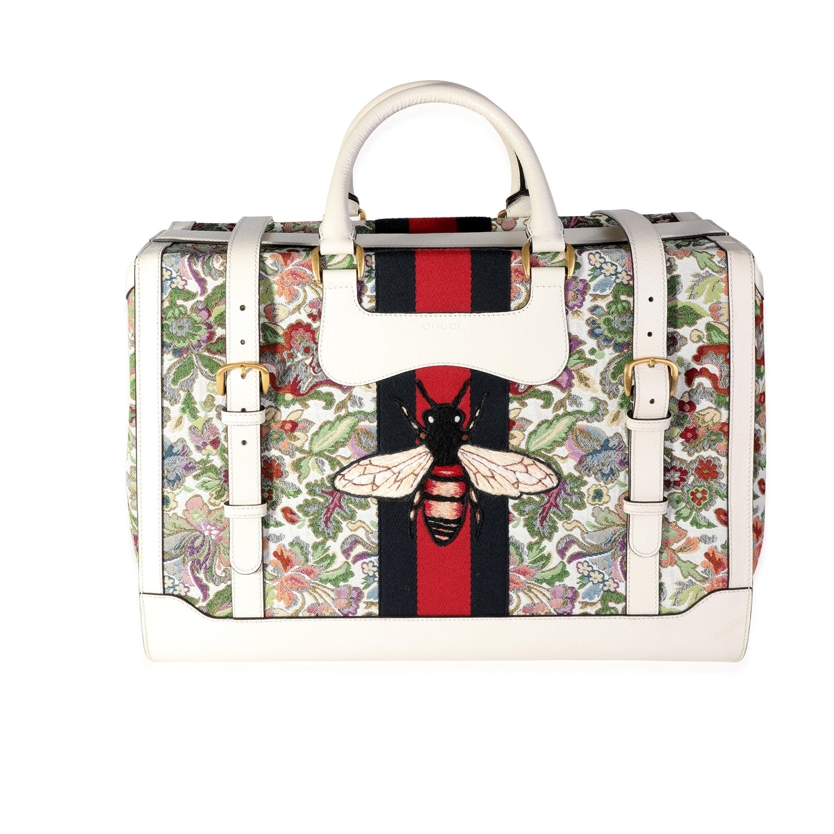 Gucci Ivory Leather & Web Floral Tapestry Duffle Bag