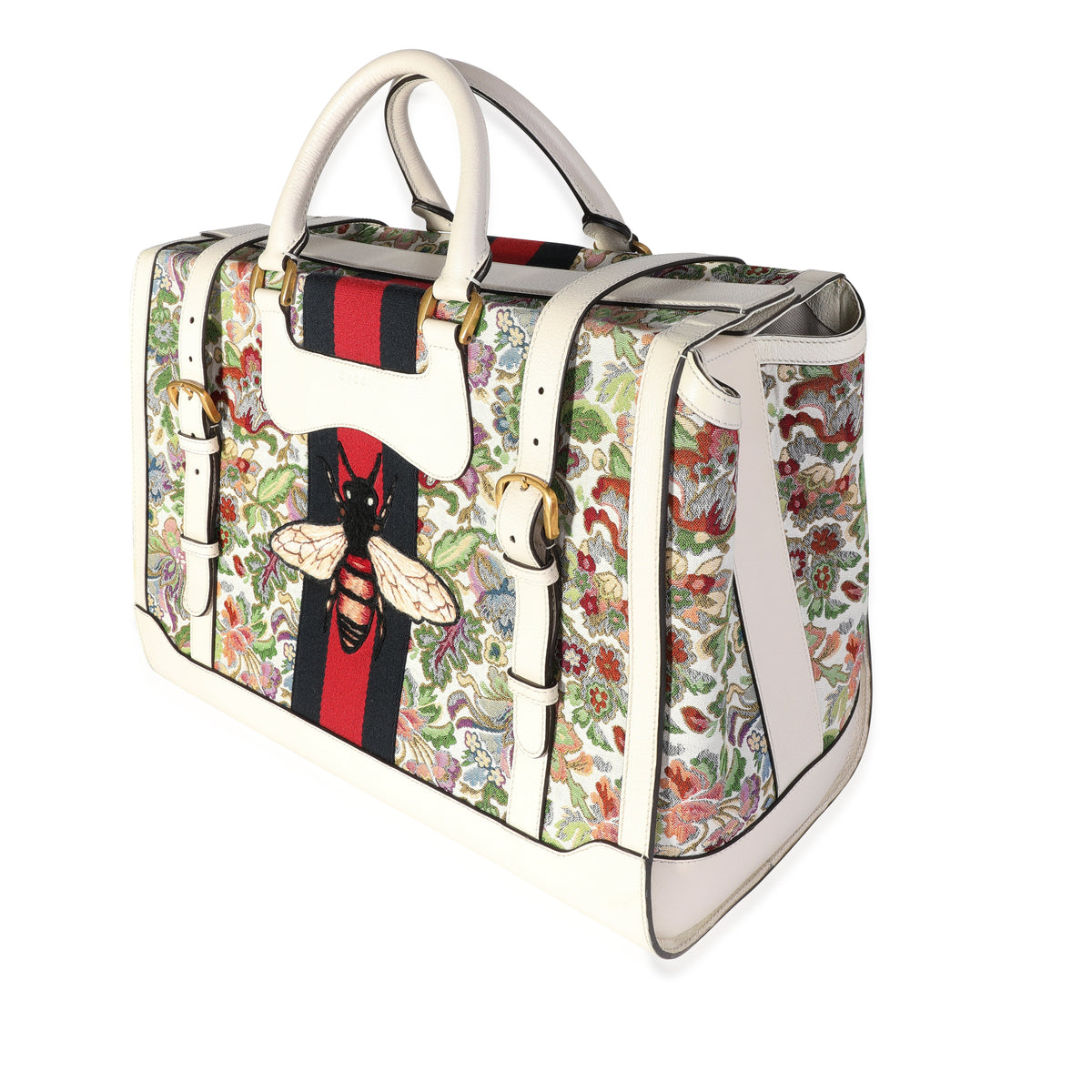 Gucci Ivory Leather & Web Floral Tapestry Duffle Bag