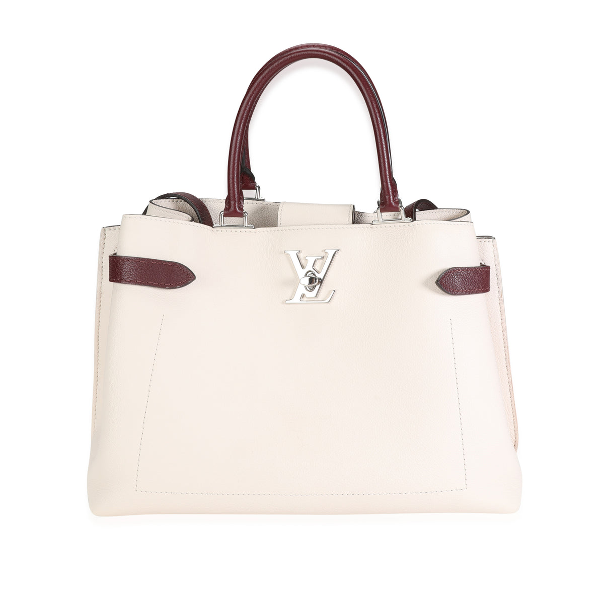 Louis Vuitton Cream & Burgundy Grained Calf Leather Lockme Day Bag - Handbag | Pre-owned & Certified | used Second Hand | Unisex