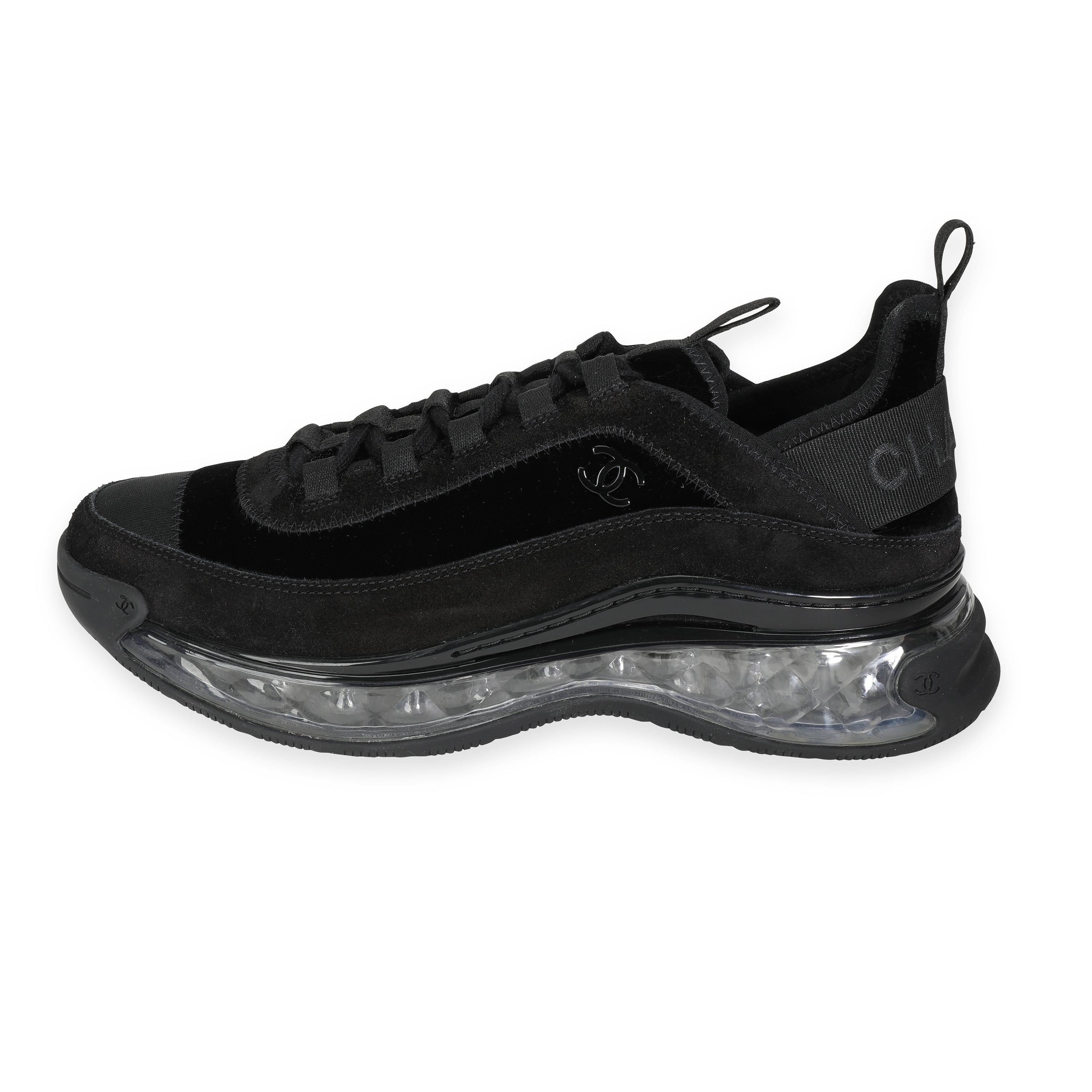 CHANEL Velvet Calfskin Mixed Fibers CC Sneakers 38 Black 717586