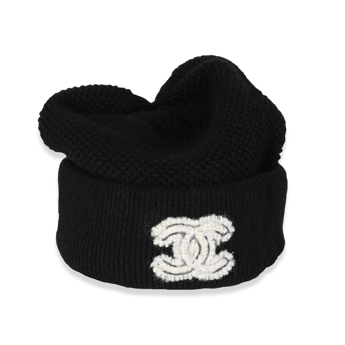 Chanel Black Knit Cashmere CC Patch Beanie