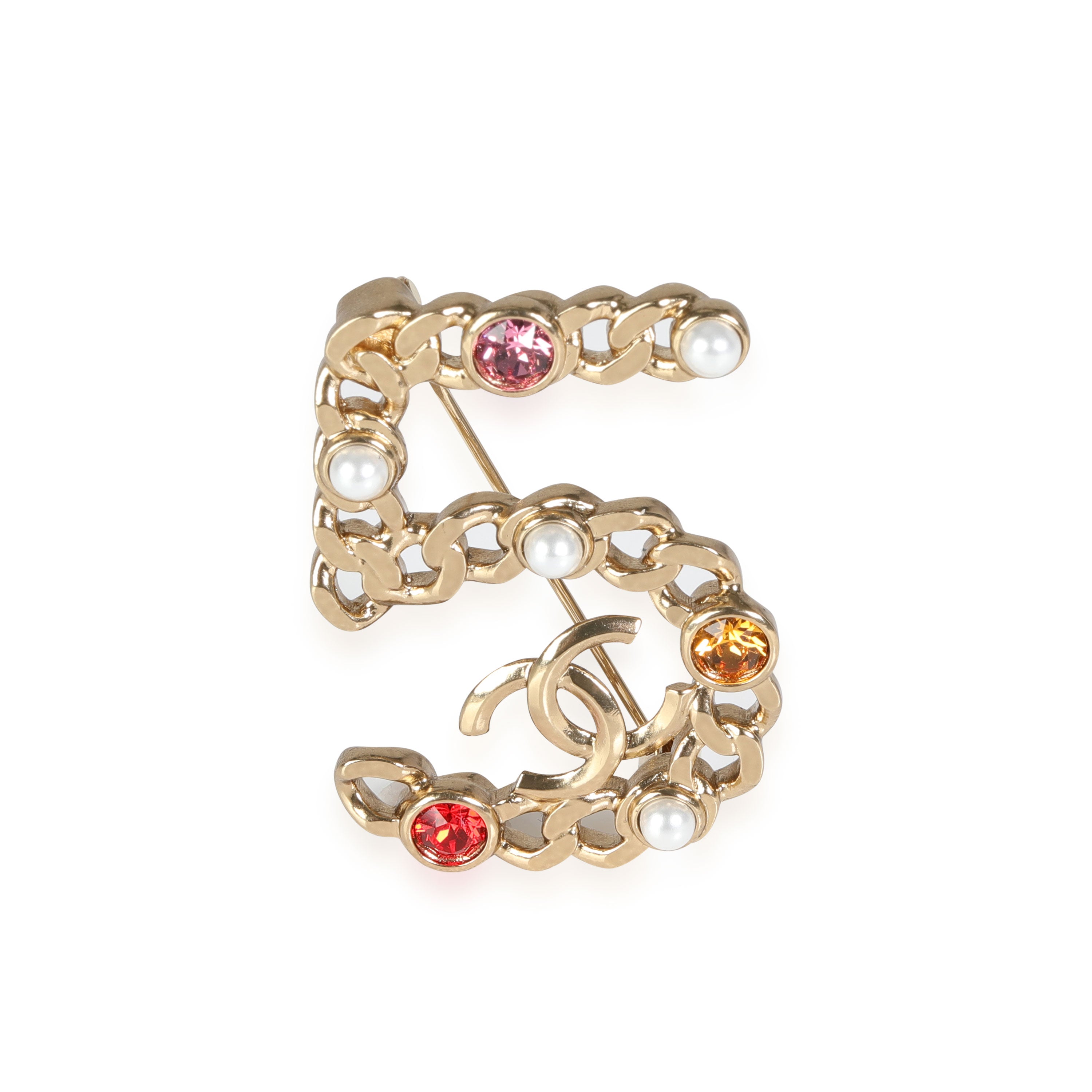 Chanel Autumn 2021 Number 5 Brooch With Faux Pearl and Colored Strass, myGemma, IT