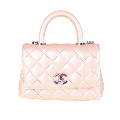 Chanel Iridescent Pink Quilted Caviar Coco Top Handle Extra Mini Flap Bag