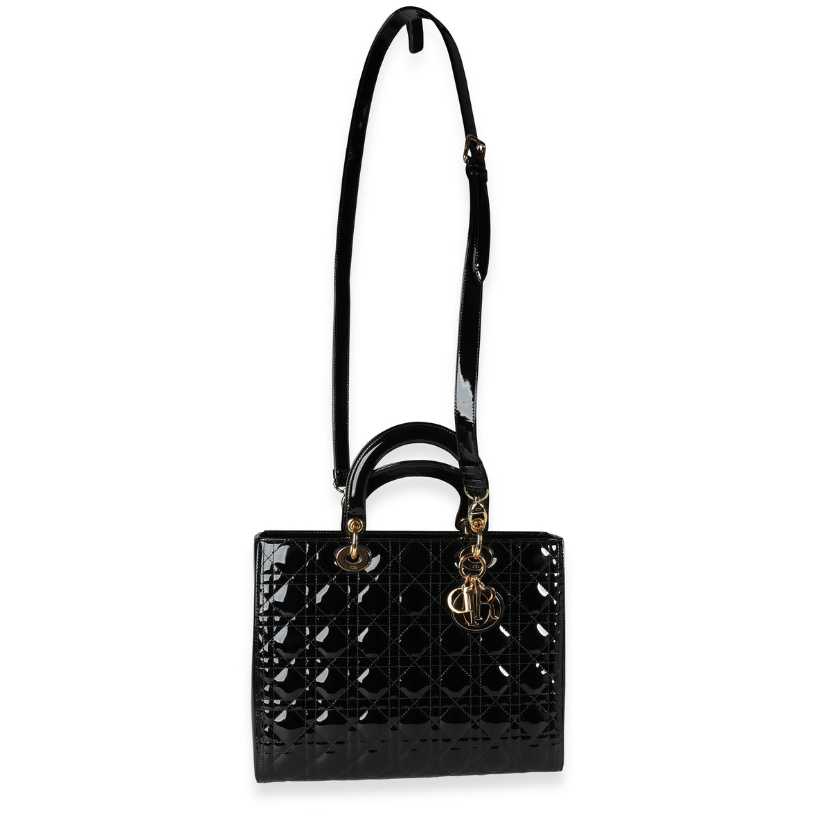 Dior Black Cannage Patent Calfskin Large Lady Dior Bag