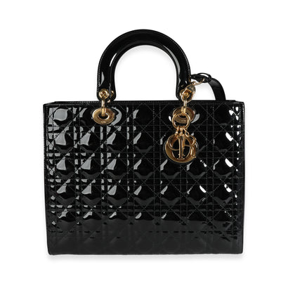 Dior Black Cannage Patent Calfskin Large Lady Dior Bag